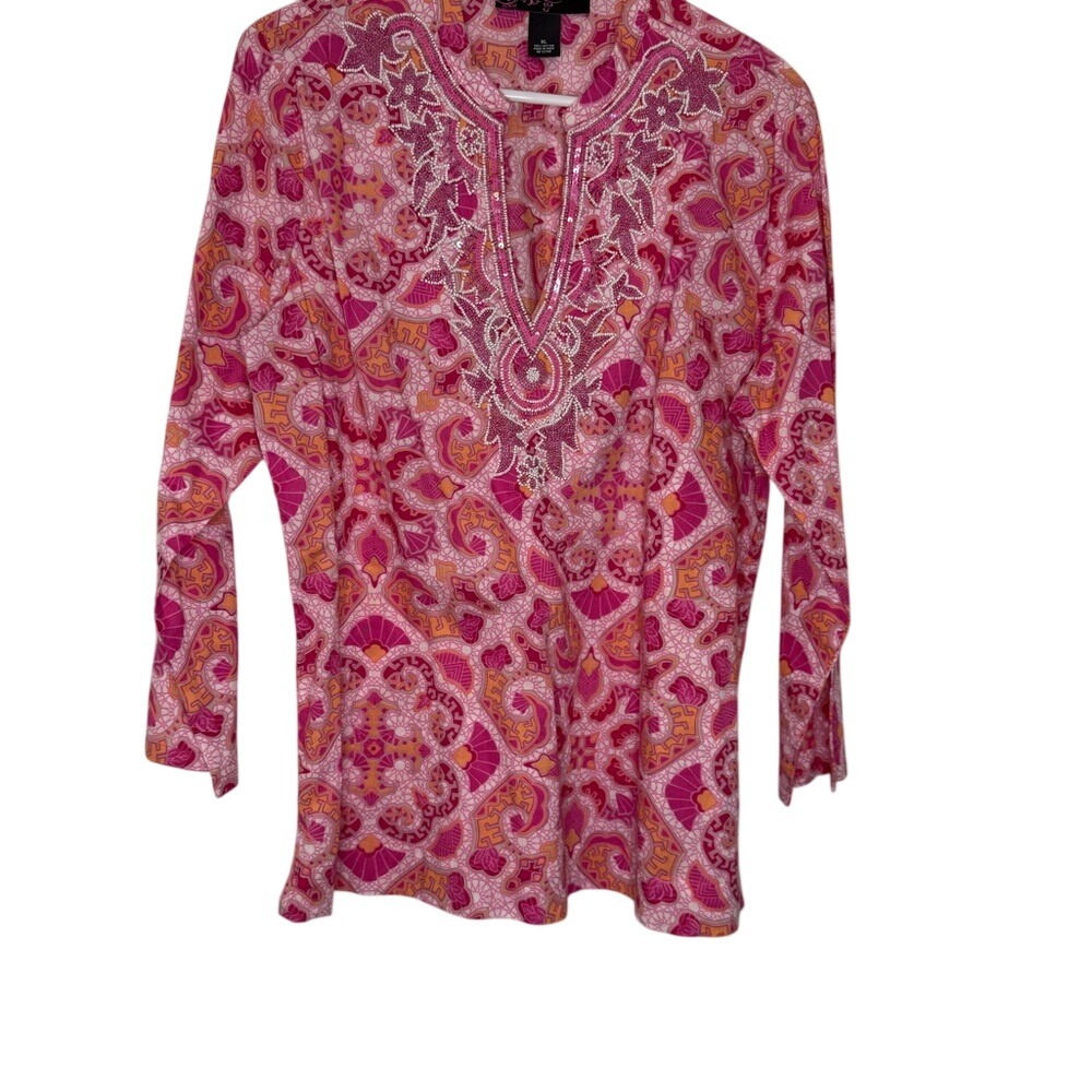 Peck & Peck Women's Pink embroidered Patterned Top Tunic Sz XL‎